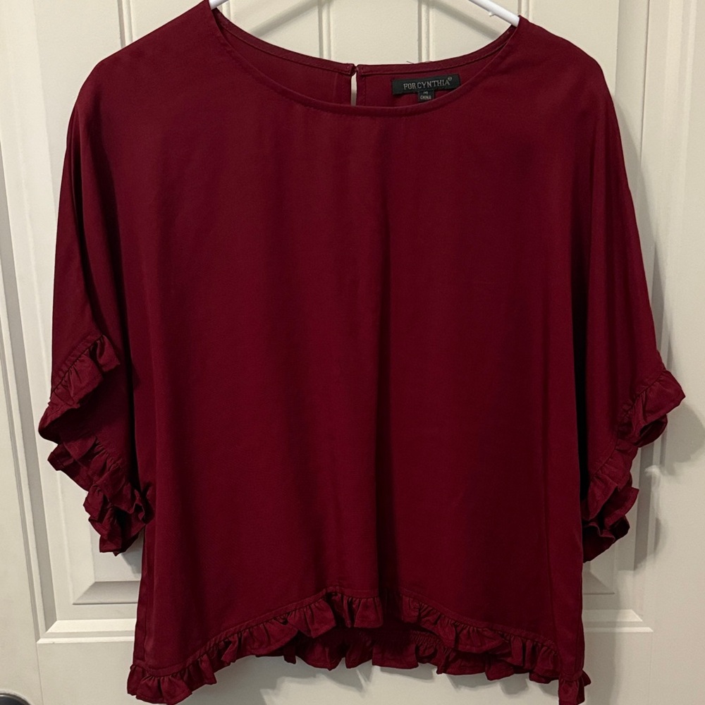 For Cynthia Deep Red Ruffle Sleeve Blouse